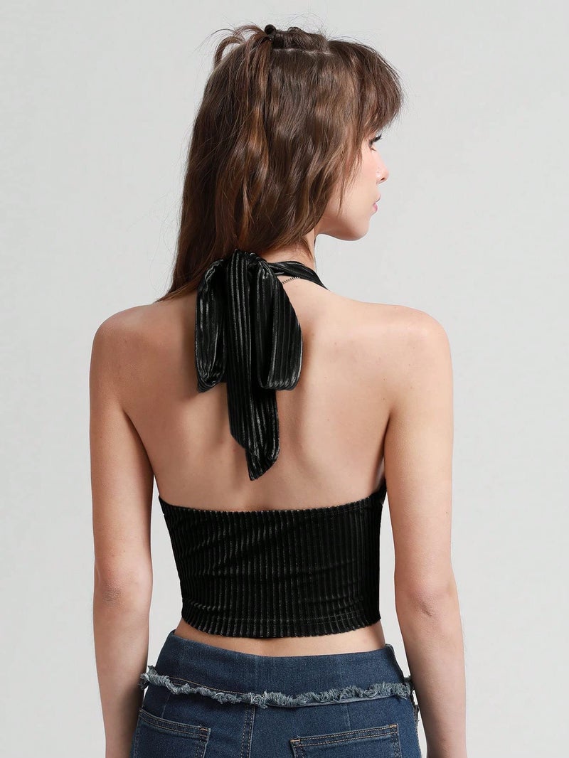 Verdusa Women's 2026 Going Out Halter Corset Top Lace Up Open Back Crop Tops Concert Cowgirl Outfits Black Medium - Image 3
