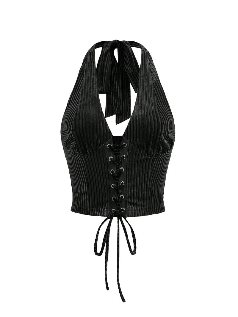 Verdusa Women's 2026 Going Out Halter Corset Top Lace Up Open Back Crop Tops Concert Cowgirl Outfits Black Medium - Image 1