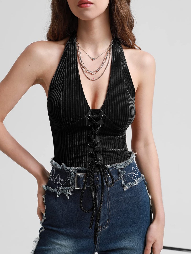 Verdusa Women's 2026 Going Out Halter Corset Top Lace Up Open Back Crop Tops Concert Cowgirl Outfits Black Medium - Image 2