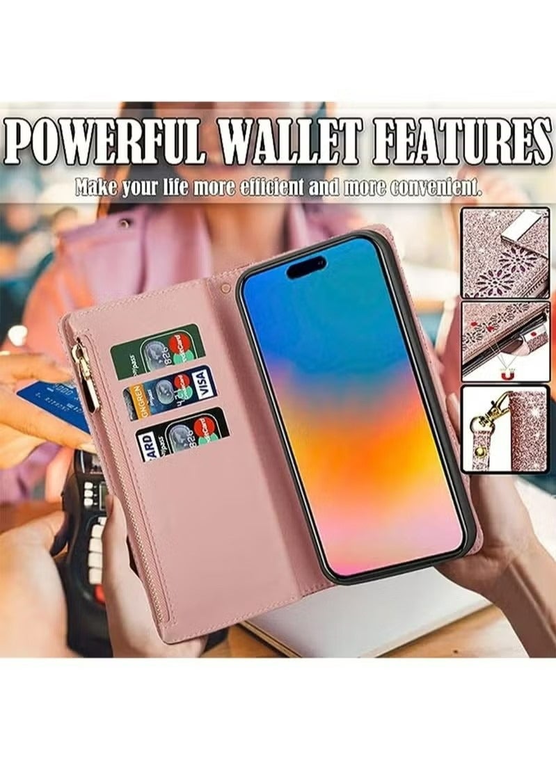 X-level iPhone 15 Plus Wallet Case Cover For Women Luxury Bling Diamond Card Phone Holder Wrist Strap PU Leather Slots Shockproof Protective Back Cover Accessory For iPhone 15 Plus  - Image 5
