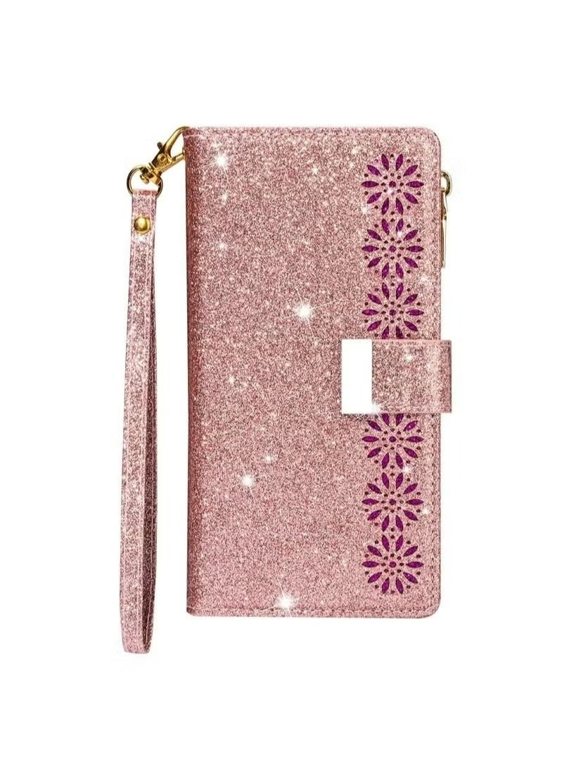 X-level iPhone 15 Plus Wallet Case Cover For Women Luxury Bling Diamond Card Phone Holder Wrist Strap PU Leather Slots Shockproof Protective Back Cover Accessory For iPhone 15 Plus  - Image 1