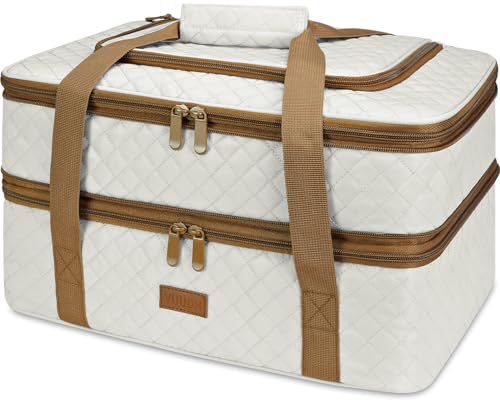 Vuudh Quilted Insulated Double Casserole Carrier Thermal Lunch Tote for Potluck Parties Picnic Beach Fits 9 x 18 Inches Baking Dish Casserole Dish Expandable Beige - Image 1