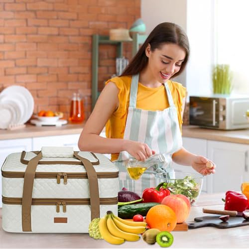 Vuudh Quilted Insulated Double Casserole Carrier Thermal Lunch Tote for Potluck Parties Picnic Beach Fits 9 x 18 Inches Baking Dish Casserole Dish Expandable Beige - Image 3