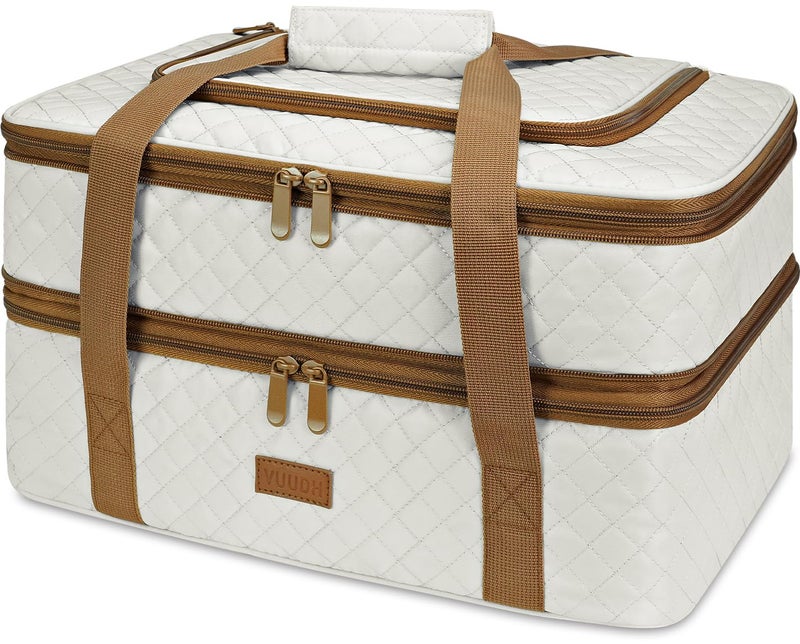 Vuudh Quilted Insulated Double Casserole Carrier Thermal Lunch Tote for Potluck Parties Picnic Beach Fits 9 x 18 Inches Baking Dish Casserole Dish Expandable Beige - Image 2