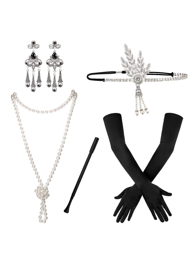 SYOSI 5pcs 1920s Flapper Accessories 20s Gatsby Costume Accessories Set for Women Headband Earrings Pearl Necklace Gloves  - Image 1