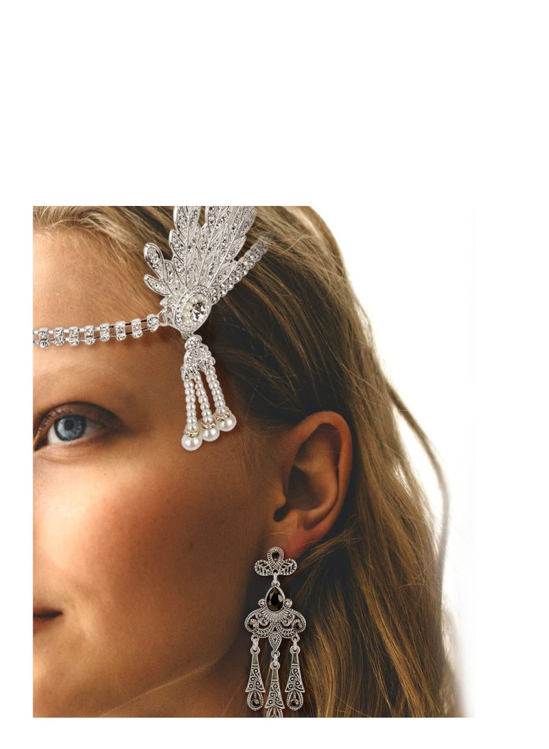 SYOSI 5pcs 1920s Flapper Accessories 20s Gatsby Costume Accessories Set for Women Headband Earrings Pearl Necklace Gloves  - Image 2