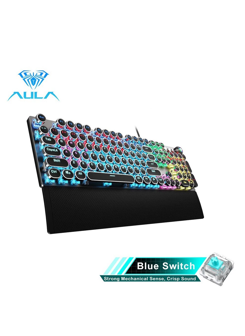 Mechanical Gaming Keyboard NKRO with Wrist Rest RGB Backlit Volume/Lighting Control Knob Fully Programmable 108-Keys Anti-Ghosting Wired Computer Keyboards for Office/Games, Blue Switch 