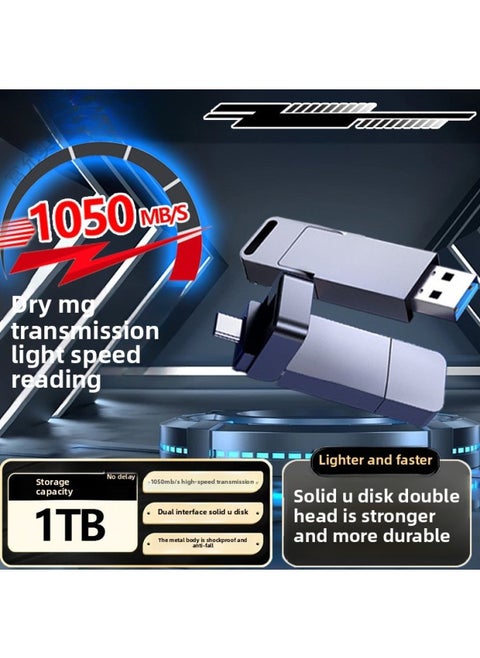 1TB Solid-state U Disk Type-c Mobile Phone Computer Dual-purpose Dual-interface USB 1000 MB/S High-speed Mobile Phone Computer-Capacity:Dual Port [1050mb/s] Gigabit Optical Speed Transmission-Interface:Metal Solid U Disk [128g] + Special Protective Leather Case