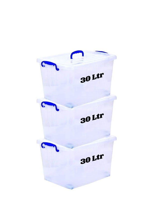 HIWARE Plastic Storage Box 30 Ltr 3 Pcs Set With Lockable Lid And Wheels | Clear Plastic Storage Boxes With Lids | Transparent Organizer For Clothes, Toys, Tools, Arts And Crafts | Home Storage ( SET OF 3 ) - Image 1