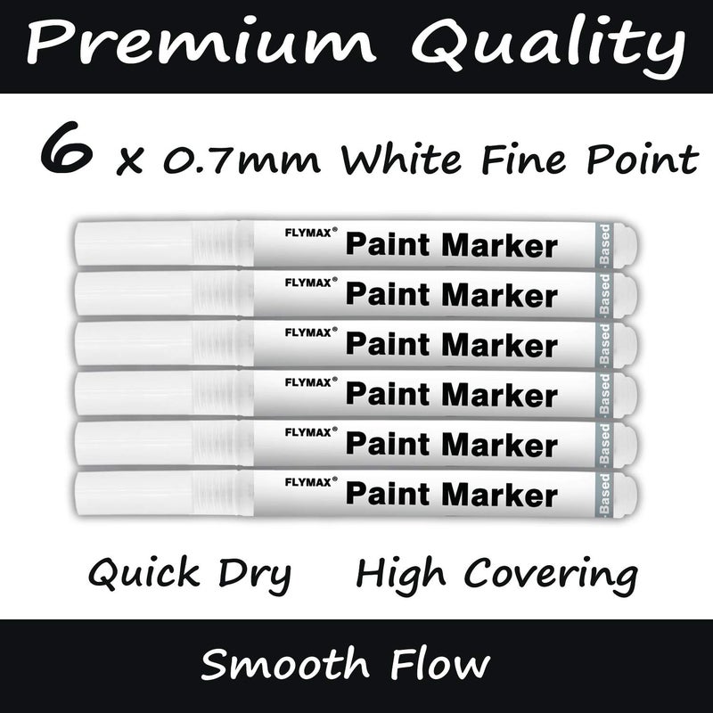 FLYMAX White Paint Pen, 6 Pack 0.7mm Acrylic Permanent Marker White Paint Pens for Wood Rock Plastic Leather Glass Stone Metal Canvas Ceramic Marker Extra Very Fine Point Opaque Ink - Image 2