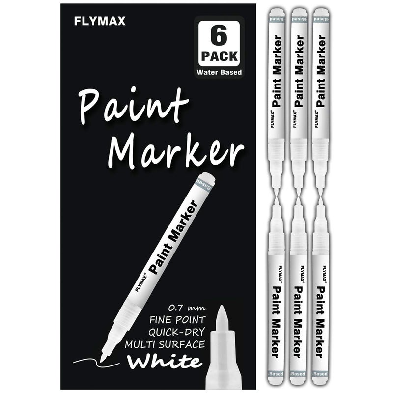 FLYMAX White Paint Pen, 6 Pack 0.7mm Acrylic Permanent Marker White Paint Pens for Wood Rock Plastic Leather Glass Stone Metal Canvas Ceramic Marker Extra Very Fine Point Opaque Ink - Image 1