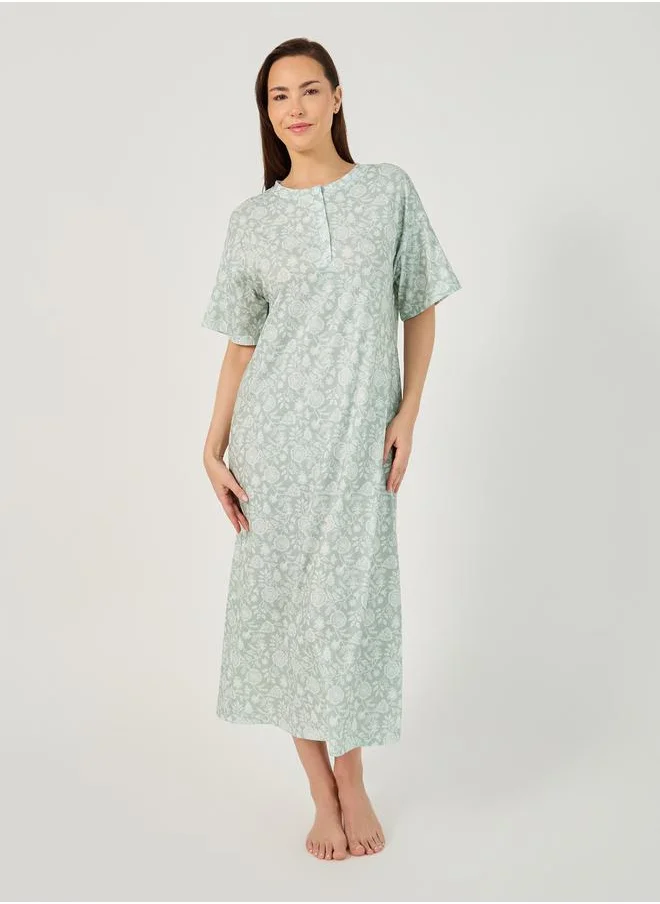 Styli All-Over Floral Print Drop Shoulder Sleep T-Shirt Dress