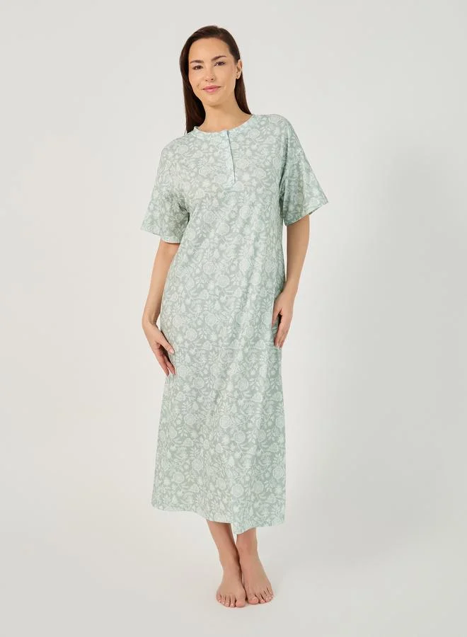 Styli All-Over Floral Print Drop Shoulder Sleep T-Shirt Dress