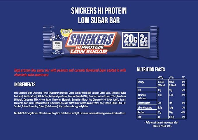 Snickers Low Sugar Hi Protein Bar Pack of 12 x 57g - Image 2