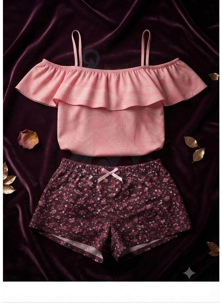 Women's Two-Piece Summer Sleepwear Set with Pink Off-Shoulder Ruffle Top and Floral Shorts - Image 4