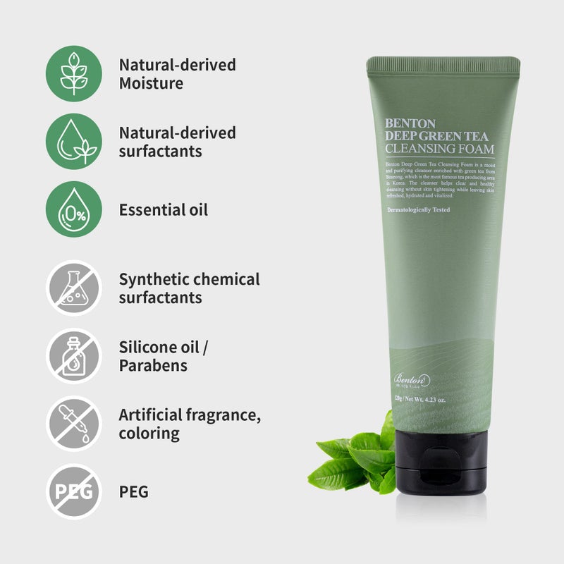 BENTON Deep Green Tea Natural Face Wash (4.23 oz.) - Hydrating and Gentle Facial Cleanser for Various Skin types, Korean Foaming Facial Cleanser - Image 5