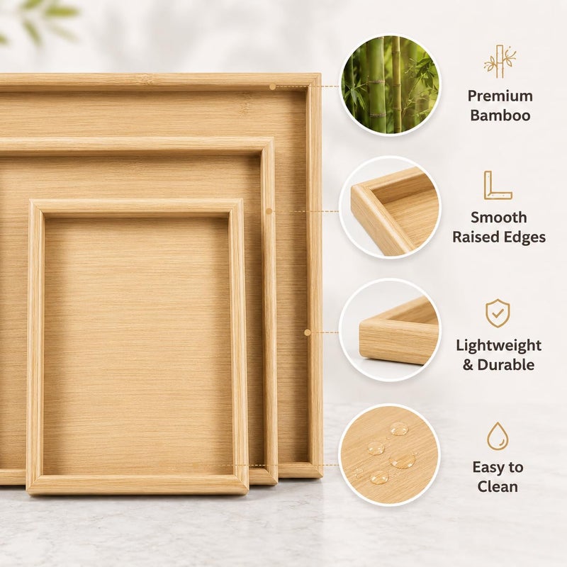 Wooden Serving Tray Set of 3 Different Sizes, MDF Trays with Premium Design and Raised Edges, Suitable for Serving Tea, Coffee, Fruits, Home Decor, Wooden - Image 2