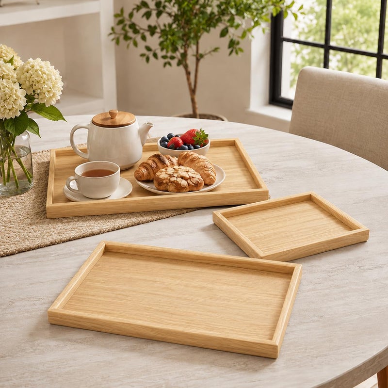 Wooden Serving Tray Set of 3 Different Sizes, MDF Trays with Premium Design and Raised Edges, Suitable for Serving Tea, Coffee, Fruits, Home Decor, Wooden - Image 5