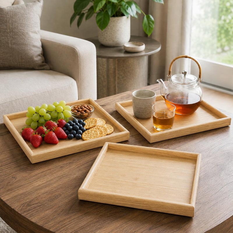 Wooden Serving Tray Set of 3 Different Sizes, MDF Trays with Premium Design and Raised Edges, Suitable for Serving Tea, Coffee, Fruits, Home Decor, Wooden - Image 3