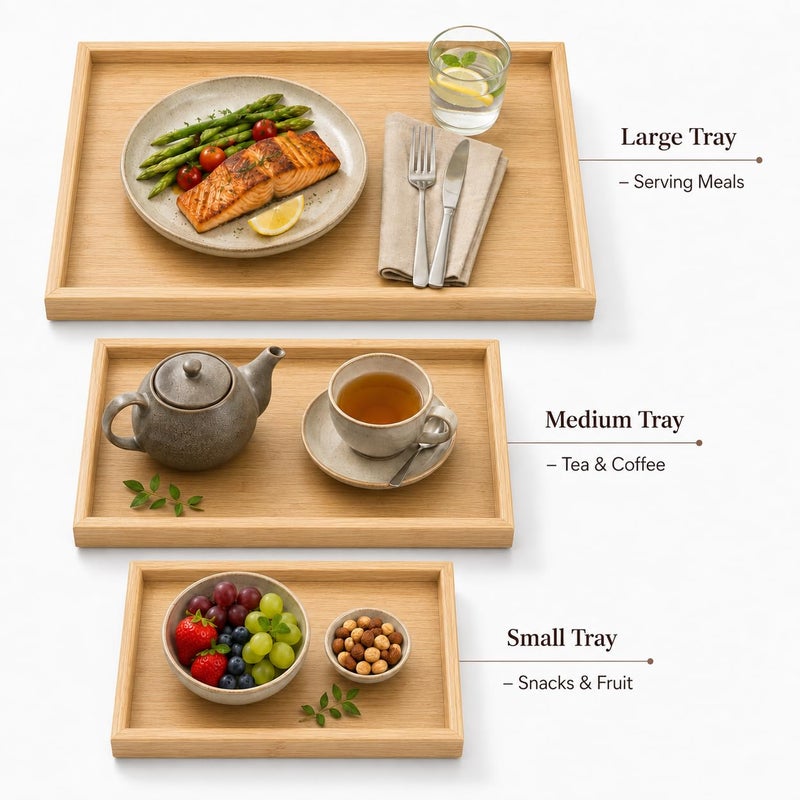 Wooden Serving Tray Set of 3 Different Sizes, MDF Trays with Premium Design and Raised Edges, Suitable for Serving Tea, Coffee, Fruits, Home Decor, Wooden - Image 4