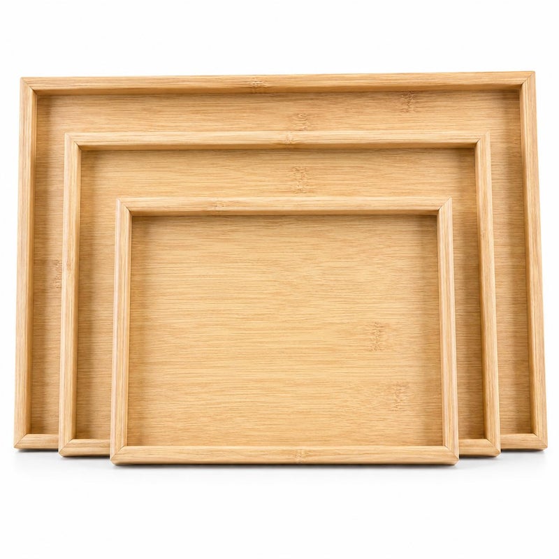 Wooden Serving Tray Set of 3 Different Sizes, MDF Trays with Premium Design and Raised Edges, Suitable for Serving Tea, Coffee, Fruits, Home Decor, Wooden - Image 1