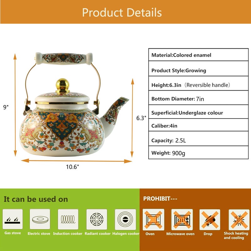 Leebright Floral Enamel Tea Kettle Vintage Gold Beige Teapot Colorful Boho Hot Water Coffee Kettle Pot 2.5L Porcelain Tea Pot with Ceramic Handle for Stovetop Hot Water Kitchen Decor - Image 2