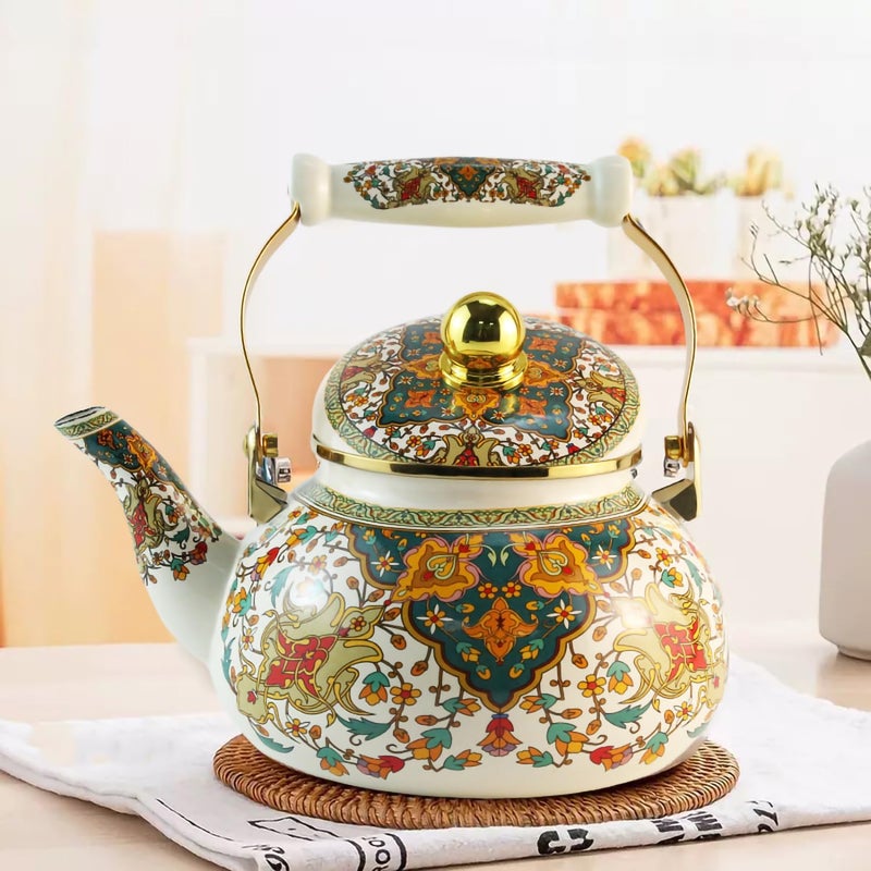 Leebright Floral Enamel Tea Kettle Vintage Gold Beige Teapot Colorful Boho Hot Water Coffee Kettle Pot 2.5L Porcelain Tea Pot with Ceramic Handle for Stovetop Hot Water Kitchen Decor - Image 4