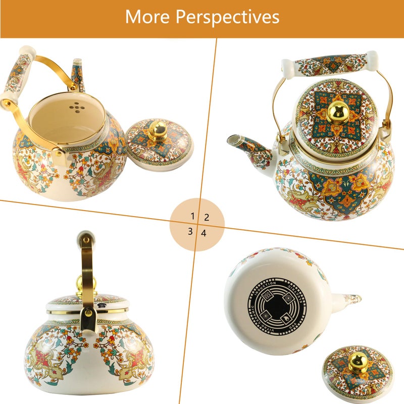 Leebright Floral Enamel Tea Kettle Vintage Gold Beige Teapot Colorful Boho Hot Water Coffee Kettle Pot 2.5L Porcelain Tea Pot with Ceramic Handle for Stovetop Hot Water Kitchen Decor - Image 3