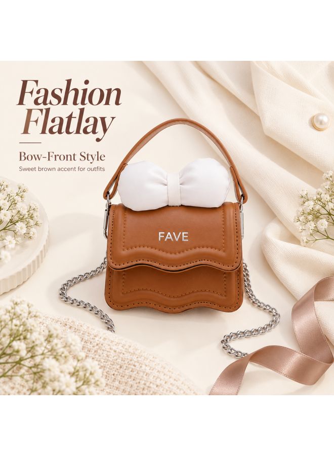 Brown Mini Bow Crossbody Bag, Wavy Scallop Kids Handbag Purse Wallet, Girls & Students Trendy Shoulder Bag, Vintage Style Fashion Gift - Image 5