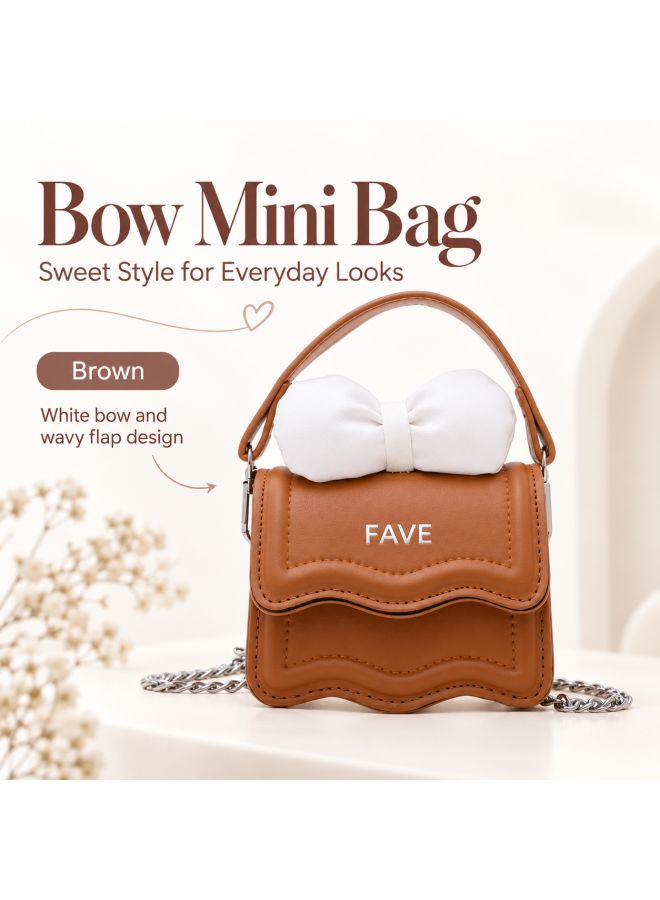 Brown Mini Bow Crossbody Bag, Wavy Scallop Kids Handbag Purse Wallet, Girls & Students Trendy Shoulder Bag, Vintage Style Fashion Gift - Image 2