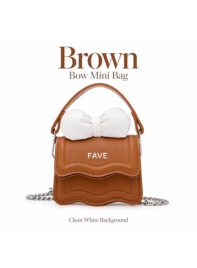 Brown Mini Bow Crossbody Bag, Wavy Scallop Kids Handbag Purse Wallet, Girls & Students Trendy Shoulder Bag, Vintage Style Fashion Gift - Image 1