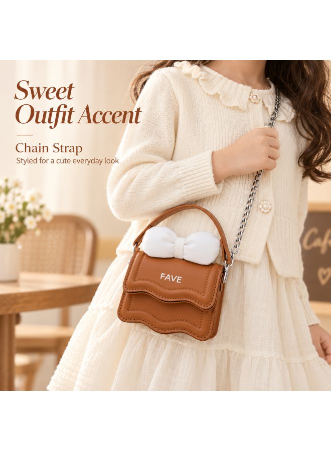 Brown Mini Bow Crossbody Bag, Wavy Scallop Kids Handbag Purse Wallet, Girls & Students Trendy Shoulder Bag, Vintage Style Fashion Gift - Image 3