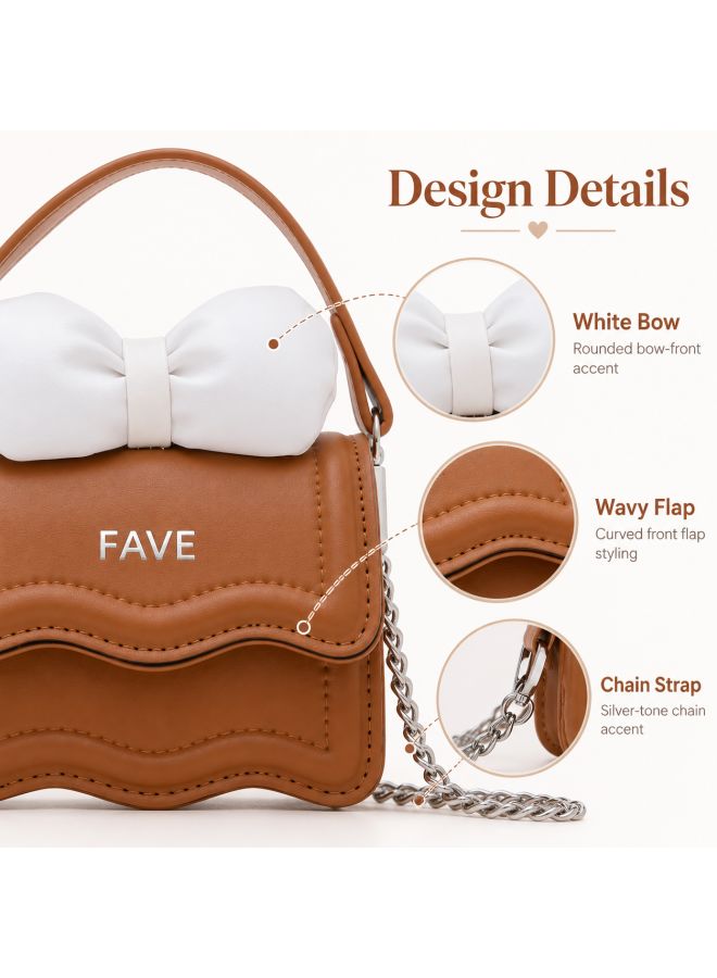 Brown Mini Bow Crossbody Bag, Wavy Scallop Kids Handbag Purse Wallet, Girls & Students Trendy Shoulder Bag, Vintage Style Fashion Gift - Image 4