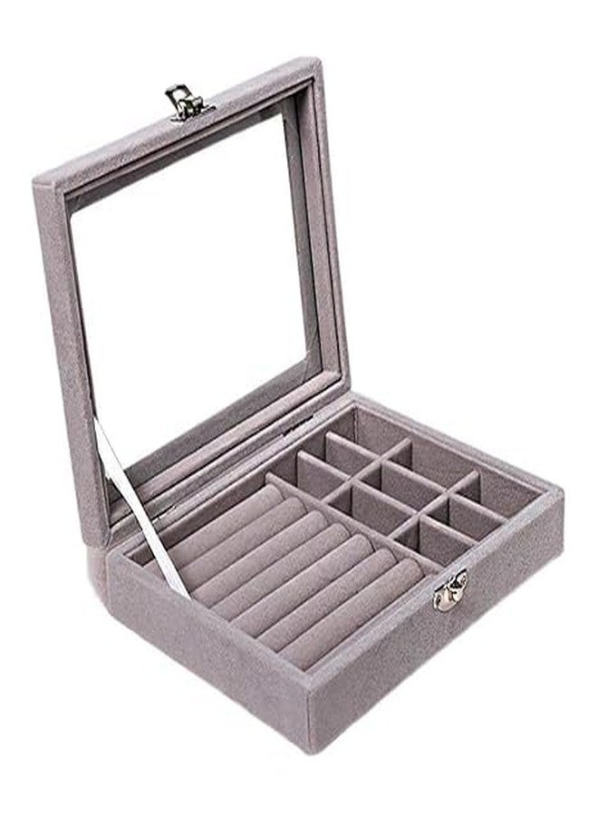 QUALIZA Jewellery Organisers Gifts Velvet Clear Lid Portable Home Jwell organizer Storage Box Case with Dividers Container for Rings, Earrings, Necklace for girls and women (Grey) - Image 1