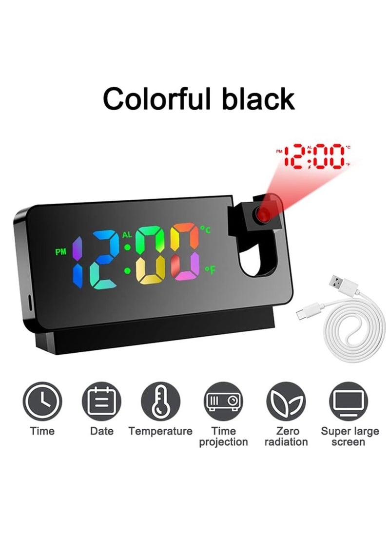 Hihonor Projection Digital Alarm Clock, 180° Rotation Projection Alarm Clock for Bedroom, LED Colorful Digital Projection on Ceiling, USB Charger Time Projector Dual Loud (Color : Black)  - Image 5