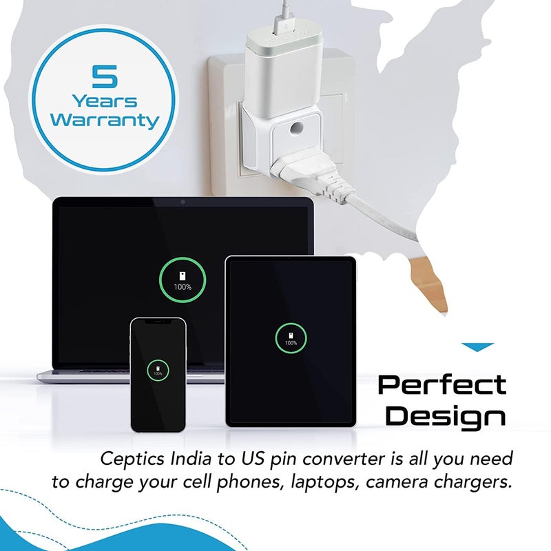Ceptics Ceptics India to USA Converter Plug 2 in 1 Canada Travel Adapter Type B CE Certified RoHS Compliant White 1 Pack Lifetime Limited Warranty  - Image 4