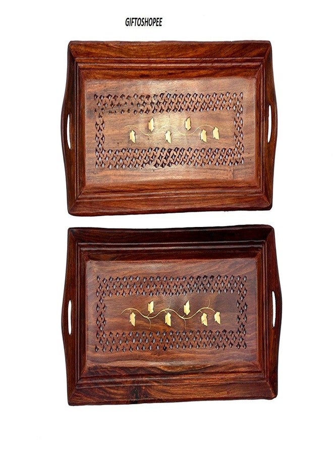 Handicraft Wooden Serving Tray with Hand Carved Design 11 Inch Set of 2