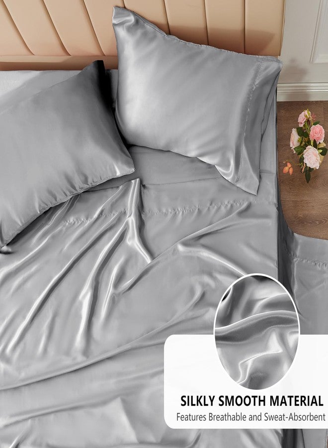 CozyLux Satin Sheets California King Size 4-Pieces Silky Sheets Microfiber Light Grey Bed Sheet Set with 1 Deep Pocket Fitted Sheet, 1 Flat Sheet and 2 Pillowcase, Smooth and Soft - Image 3