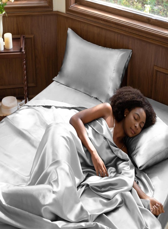CozyLux Satin Sheets California King Size 4-Pieces Silky Sheets Microfiber Light Grey Bed Sheet Set with 1 Deep Pocket Fitted Sheet, 1 Flat Sheet and 2 Pillowcase, Smooth and Soft - Image 2