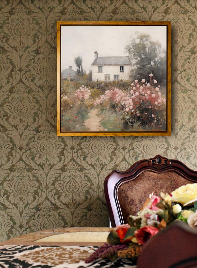 لوحة كانفاس على إطار خشبي بإطار خارجي باللون الخشبي وتصميم بيت كلاسيكي محاط بالزهور والأشجار - Image 1