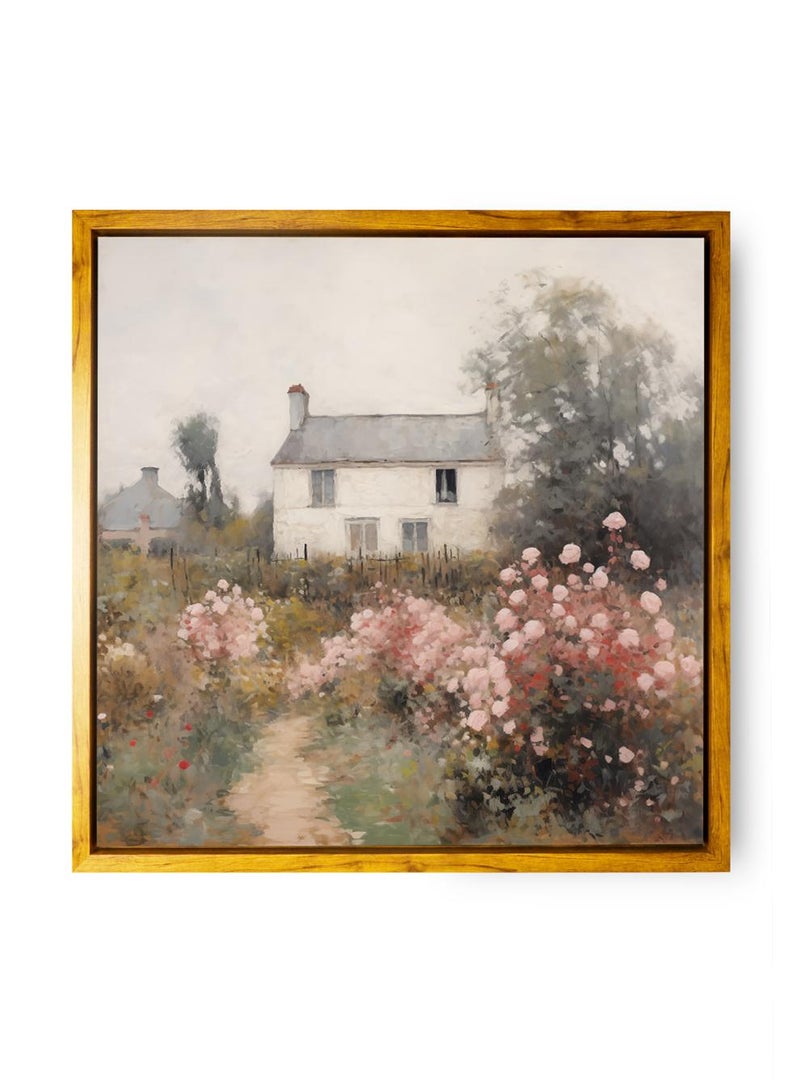 لوحة كانفاس على إطار خشبي بإطار خارجي باللون الخشبي وتصميم بيت كلاسيكي محاط بالزهور والأشجار - Image 5