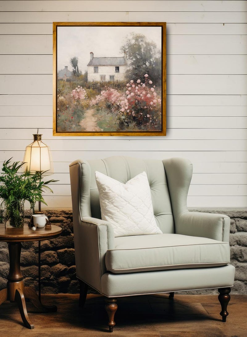 لوحة كانفاس على إطار خشبي بإطار خارجي باللون الخشبي وتصميم بيت كلاسيكي محاط بالزهور والأشجار - Image 3
