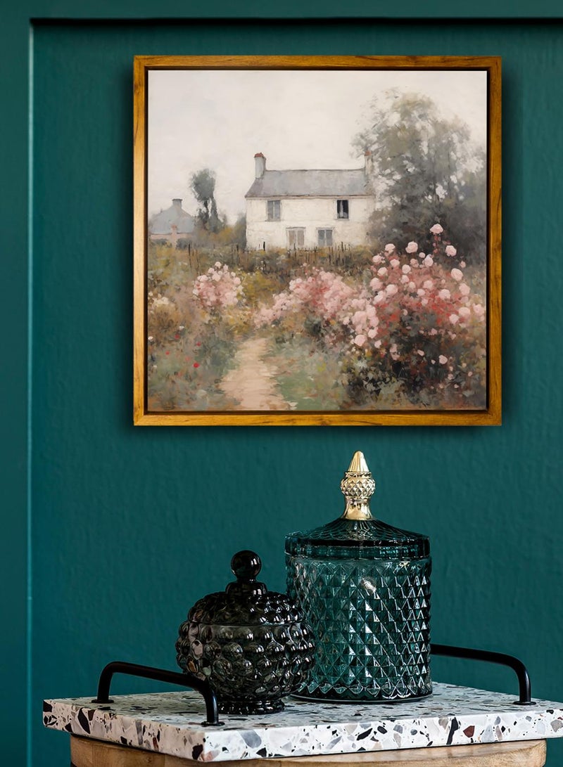 لوحة كانفاس على إطار خشبي بإطار خارجي باللون الخشبي وتصميم بيت كلاسيكي محاط بالزهور والأشجار - Image 4