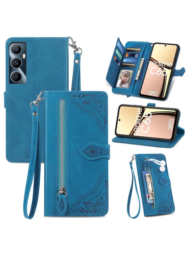 اس-توب جراب هاتف Realme C65 من الجلد بسحاب منقوش عليه زهور - Image 1