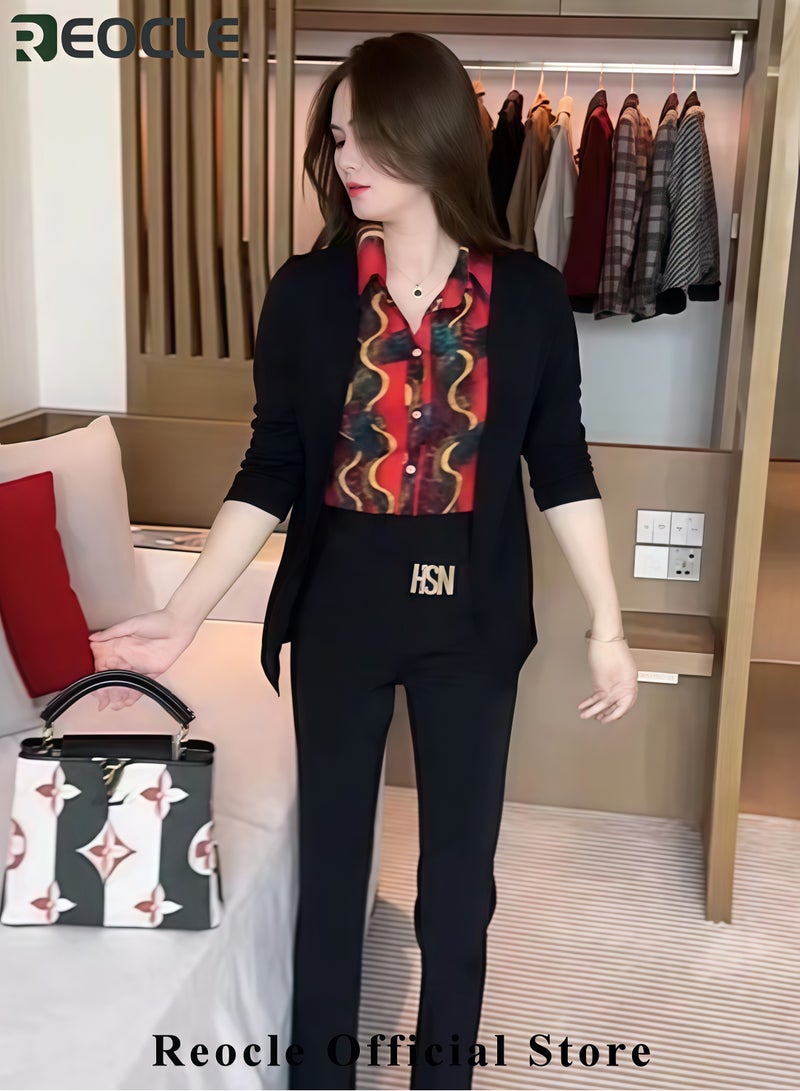 REOCLE Women's Fake Two-Piece Shirt Spliced Long Sleeved Top Autumn Warm Shirt Fashionable Turned Collar Button Top Flower Printed Shirt for Commuting & Business & Daily Wear - Image 2
