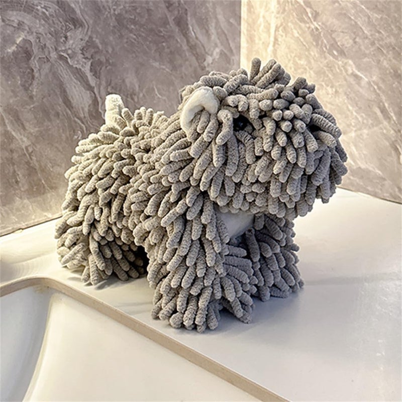 Shapeazy Chenille Hand Towel - Cute Cartoon Dog Plush Fuzzy Ball Hand Towel, Super Absorbent Hanging Kitchen & Bathroom Towels for Kids, Soft Hand Drying Puff for Bath, Washstand (Grey) - Image 1