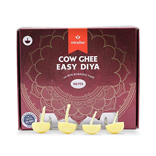 Swaha IISC Certified Premium Cow Ghee Diya (100 Pieces), 30min Burning Time, Wax Free Cow Ghee Diya Batti - Pack of 1 - Image 1