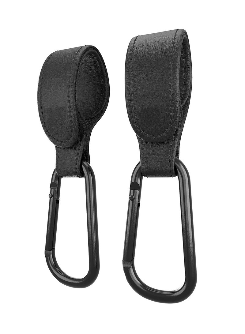 Baby Stroller Hooks Bag for Hanging Diaper Bags Multipurpose Velcro Grocery Shopping Premium Leather Pram Hook Straps 2 Pcs, Black - Image 1