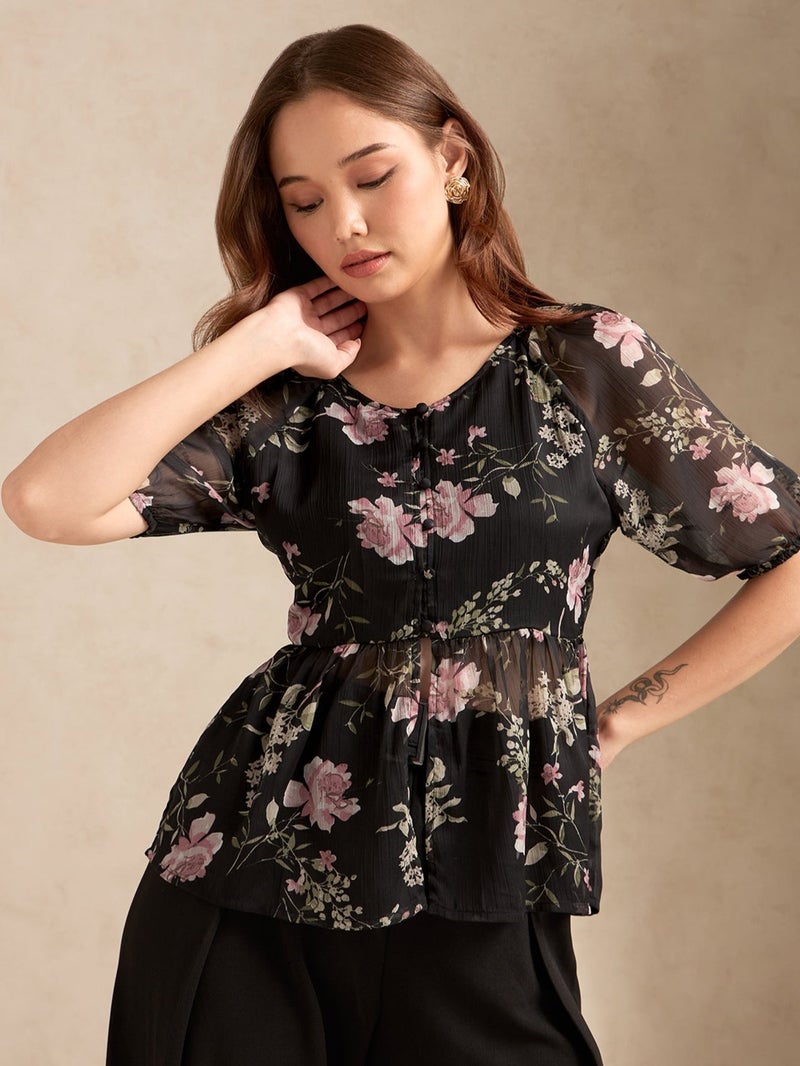OUTZIDR Black Floral Printed Blouse - Image 1