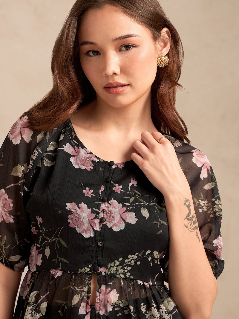 OUTZIDR Black Floral Printed Blouse - Image 2